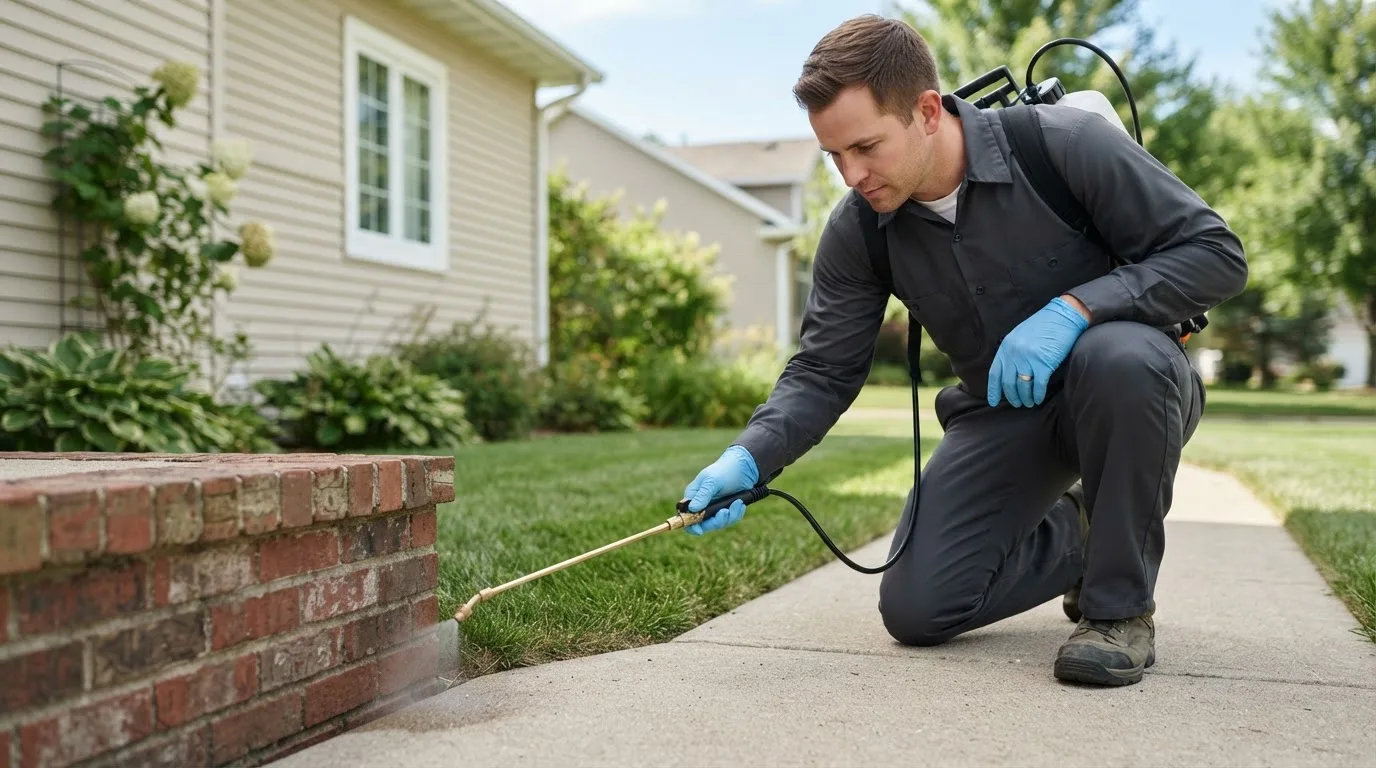 Pest control technician treating a home near Lynnville, TN